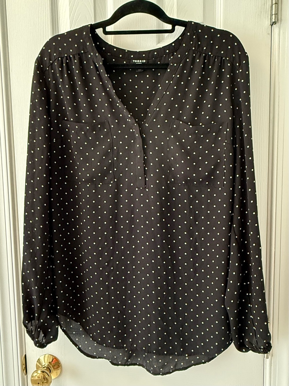 torrid Sheer Black Blouse White Polka Dots whimsical feminine workwear